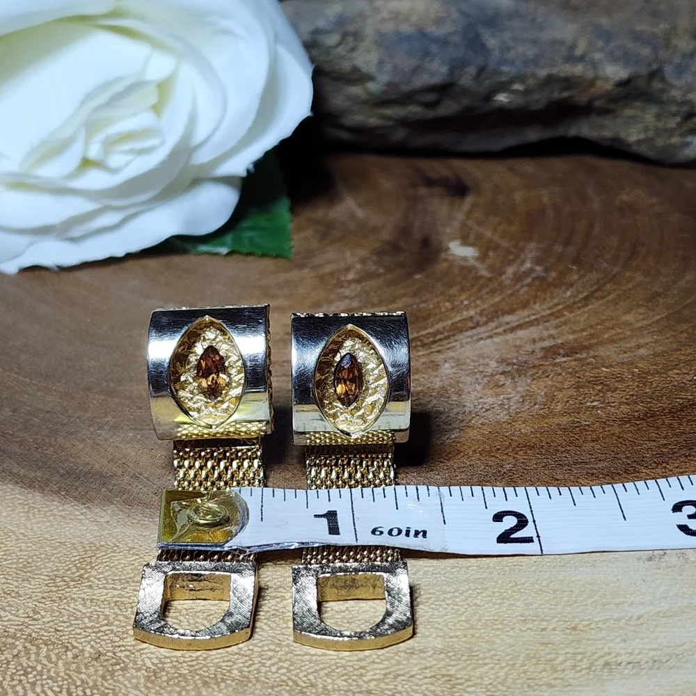Vintage RARE Gold Tone Mesh Wrap Cufflinks Faux Topaz Citrine Colored Gemstones